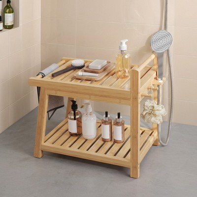 SONGMICS Bamboo Shower Bench with Storage Shelf, Water Resistant Shower Stool with Handle and Hooks, Shower Head Holder, Non-Slip Feet, Natural Beige