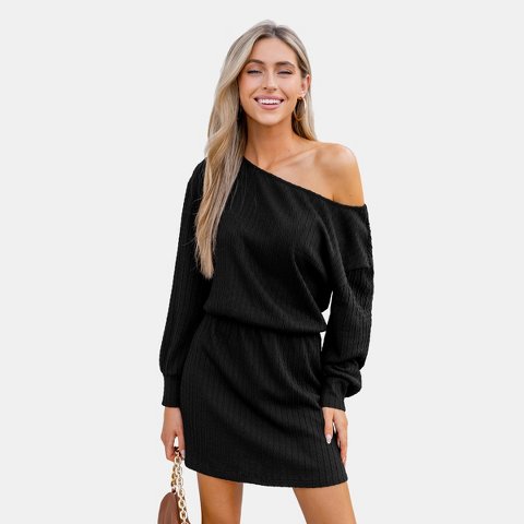 Женские платья Cupshe Women's Black Elegant Off-Shoulder Ribbed Knit Sweater Mini Fall Dress-S-Black