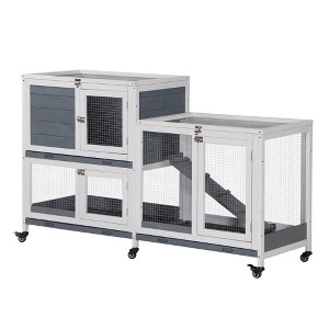 PawHut Wooden Rabbit Hutch Bunny Hutch Elevated Pet House Cage Small Animal Habitat with Tray Door Openable Top for Indoor 57.75" x 18" x 32.5" Gray - 1 of 4