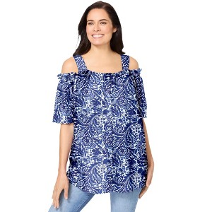 Woman Within Plus Size Printed Cold-Shoulder Blouse - 1 of 4