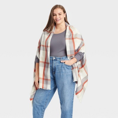 Women's Plus Size Plaid Wrap Jacket - A New Day™ Cream One Size
