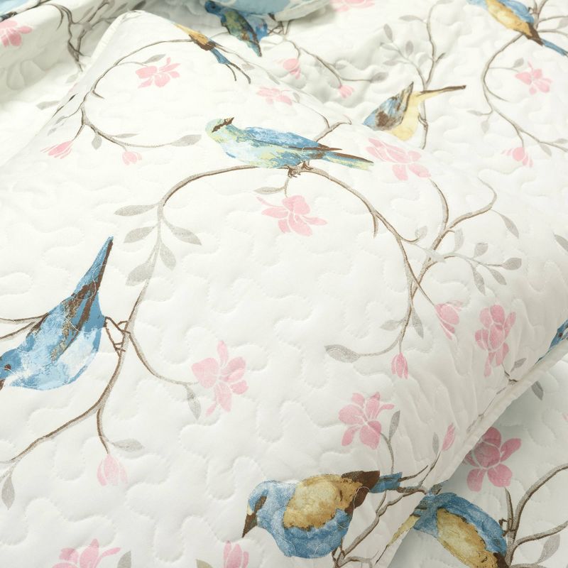 Lush Décor 3pc Botanical Bird And Flower Oversized Reversible Quilt Set White/Blue/Yellow, 6 of 9