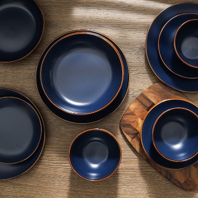 Blue and White Ceramic 16-Piece Dinnerware Set with Metallic Band
