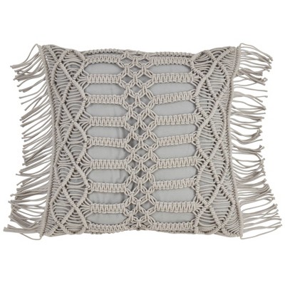 18"x18" Macramé Down Filled Square Throw Pillow Gray- Saro Lifestyle