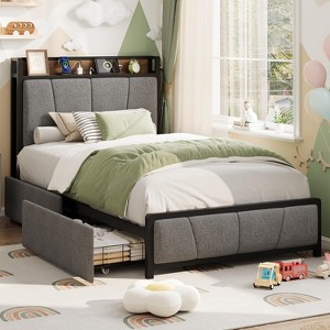 Linen Upholstered Platform Bed Frame with Storage Headboard and 2 Drawers,Built-In Charging Station, Heavy Duty, No Box Spring Required, Easy Assembly - 1 of 4