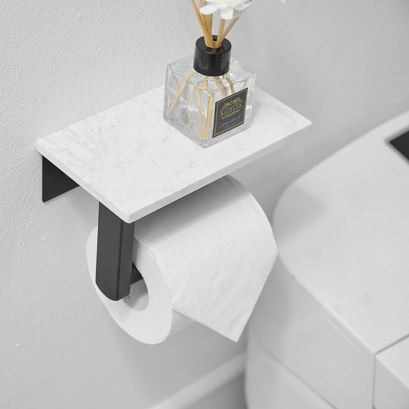 BWE Wall Mount Toilet Paper Holder with Natural Marble Shelf Tissue Storage Holder In Matte Black, 3 of 7