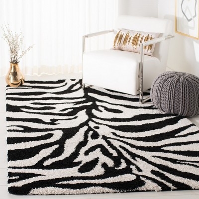 Ivory and Black Zebra Print Shag Area Rug 5'3" x 7'6"