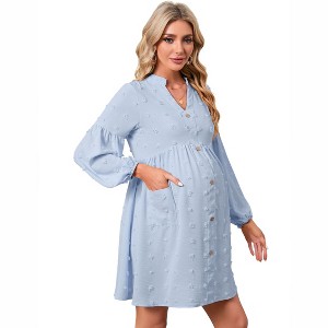 Coolmee Women's Maternity Midi Dress V Neck Long Sleeve Button Loose Pregnant Flowy Dress with Pocket - 1 of 4