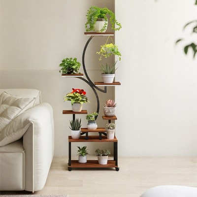 8 Tiered Walnut Wood Plant Stand,Indoor Tall Plant Stand With Grow Light,S-Shaped Corner Plant Planter For Living Room Patio-Coolbibila