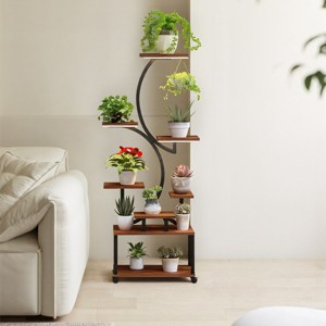 8 Tiered Walnut Wood Plant Stand,Indoor Tall Plant Stand With Grow Light,S-Shaped Corner Plant Planter For Living Room Patio-Coolbibila - 1 of 4