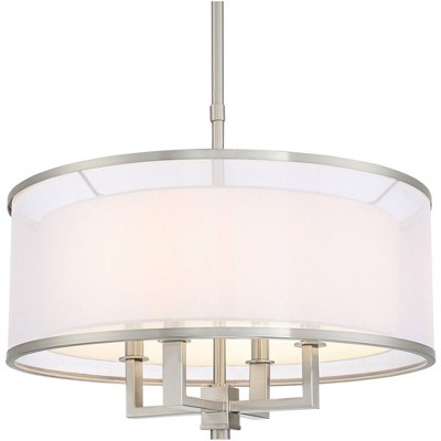 Elegant Brushed Nickel 23" Drum Pendant with Silver Organza and White Linen Shade
