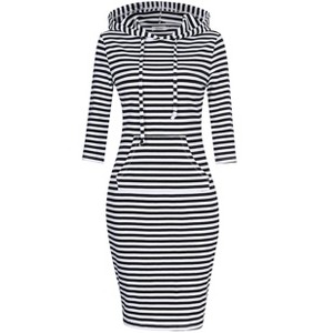 Women Casual Cotton Pullover Stripe Pocket Slim Keen Length Pullover Hoodie Dress - 1 of 4