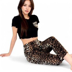 Anna-Kaci Lounge Women's Leopard Print Pajama Set with Ruffled Crop Top and High Waist Wide-Leg Pants- Black,Small - 1 of 4