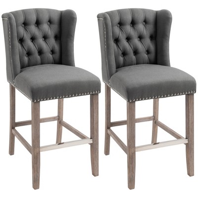 Dark Grey Upholstered Wingback Bar Stools with Wood Legs, Set of 2