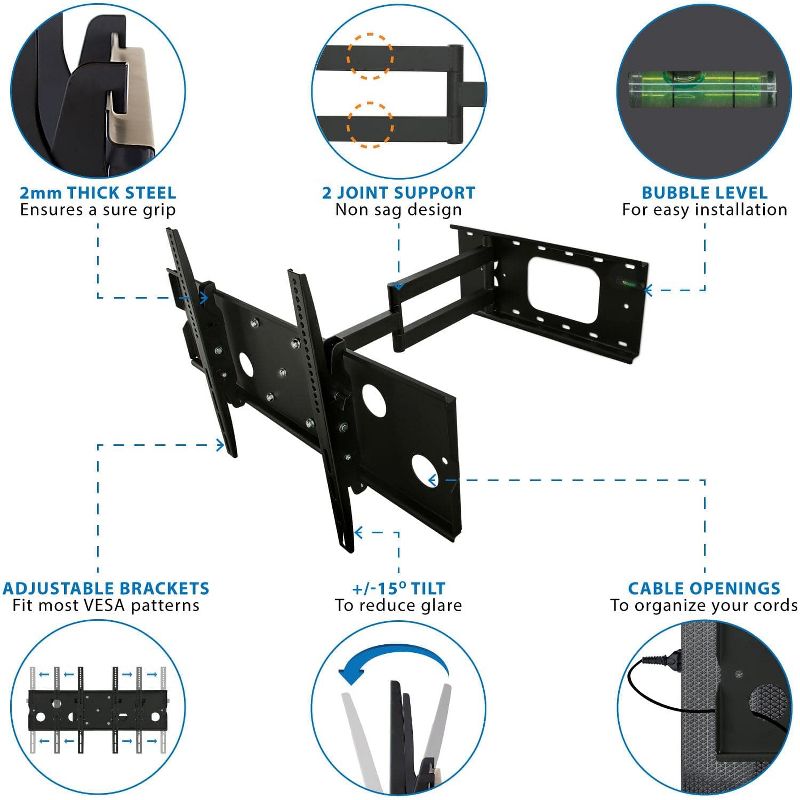 Mount-It! Low-Profile Tilting TV Wall Mount Bracket for 32-60 inch LCD, LED, OLED, 4K or Plasma Flat Screen TVs - 175 Lbs. Capacity, 1.5 Inch Profile, 3 of 9