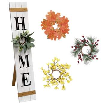 Seasonal Wooden Home Porch Sign with 4 Interchangeable Floral Wreaths Chalk White - Elegant Designs