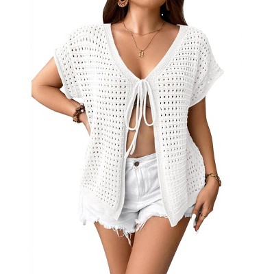 Cover Ups for Women Tie Front V Neck Summer Crochet Cardigan Oversized Cover Ups for Bikni Beach Outfits Cover Ups for Bathing Suits