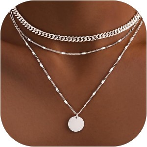 Layered Gold Necklace Set for Women, 14K Gold/Silver Plated CZ Circle Pendant & Cuban Chain - 1 of 4