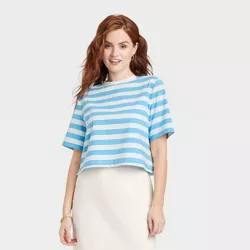 Women's Boxy Elbow Sleeve Cropped T-Shirt - A New Day™ Blue/White L