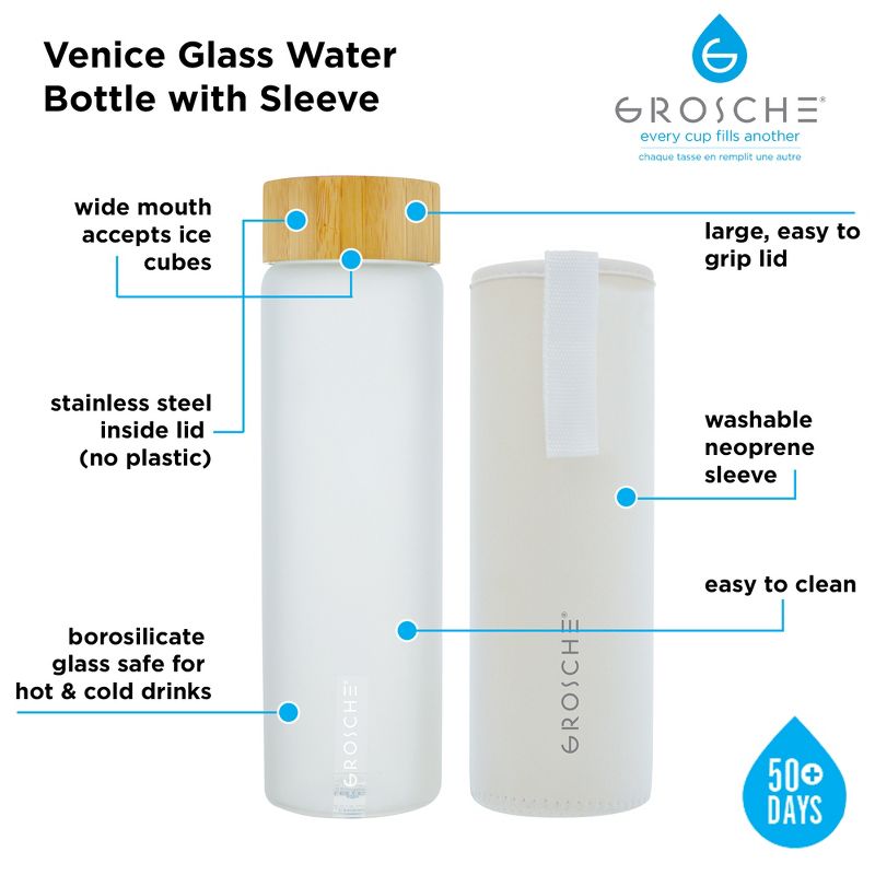 GROSCHE VENICE Eco-Friendly Glass Water Bottle with Bamboo Lid & Protective Sleeve , 4 of 12