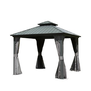 DOMETOUR 10' x 10' Hardtop Aluminum Gazebo with Steel Double Roof, Curtains & Netting, Permanent Pavilion for Patio, Backyard, Deck, Lawn - 1 of 4