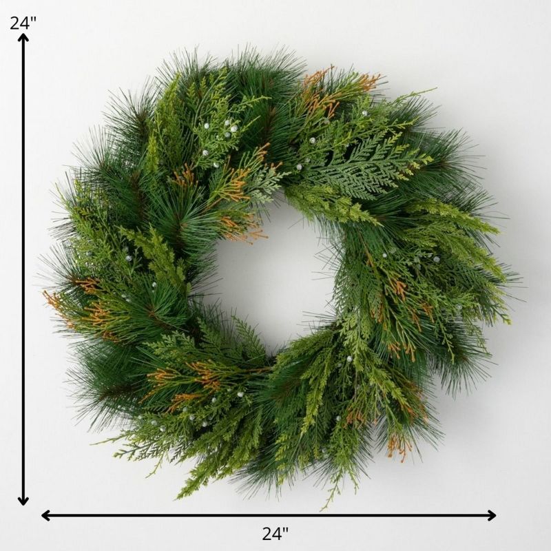 Artificial Mixed Pine & Juniper Wreath Green 24"H, 4 of 5