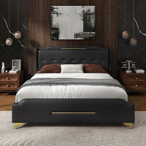 TOAOTBNBO Upholstered Queen Size Bed with Footboard, Comfortable Bed Frame with Wingback, Elegant Queen Size Bed with Headboard, Black - 1 of 4