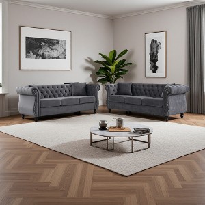 3+3 Velvet Chesterfield Sofa Set with Nailhead Trim & Pillows - 1 of 4