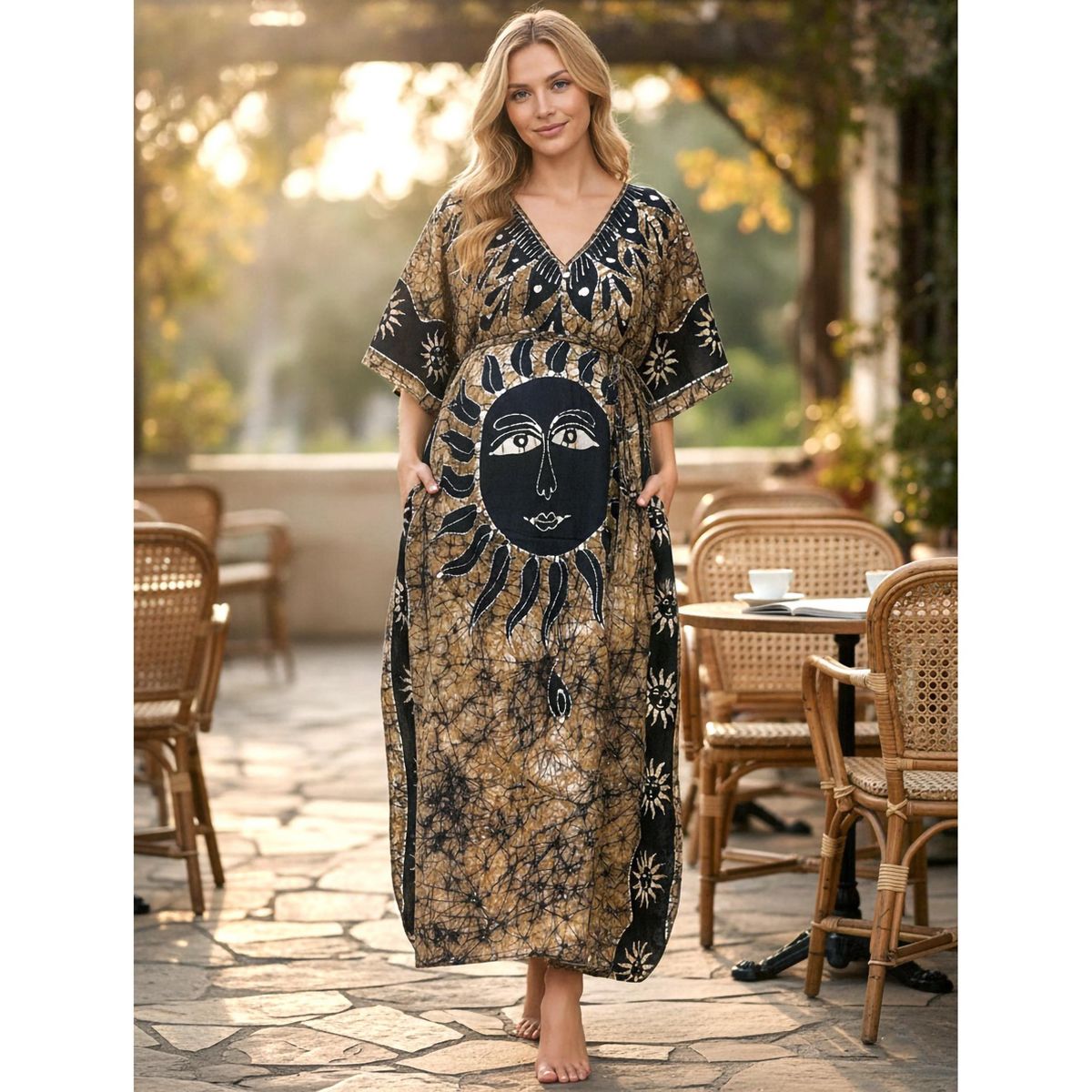 LA LEELA Summer Cotton Caftan Maxi Dress for Women Resortwear Vacation Cruise Holiday Loungewear Pregnancy Wear Beach Outfit 2X-3X Brown Sun - thumbnail 3