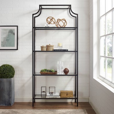Black Steel Modern Pagoda-Style Etagere with Glass Shelves