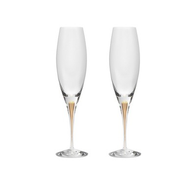 Orrefors Intermezzo 7 Fl. Oz. Stemmed Champagne Flute Glasses - Set of 2, Gold Drop - Kitchen & Dining Crystal Glassware - Dishwasher Safe