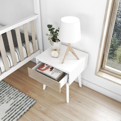 White and Blonde Pine Wood Scandinavian Nightstand with 1 Drawer