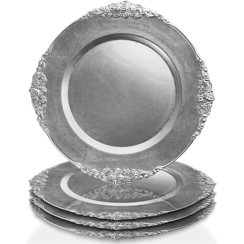 ChargeIt by Jay Leaf Charger Plate 13 Decorative Melamine Service Plate for Home, Professional Dining, Weddings, Set of 4,Silver, 1 of 4