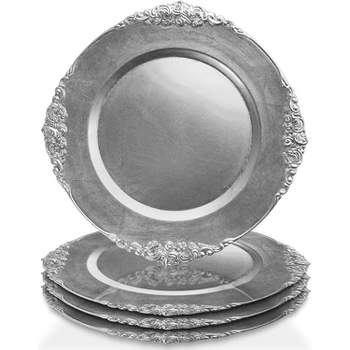 ChargeIt by Jay Leaf Charger Plate 13 Decorative Melamine Service Plate for Home, Professional Dining, Weddings, Set of 4,Silver