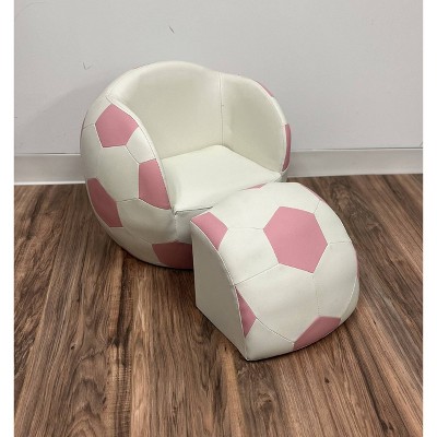 Pink and White Faux Leather Soccer Ball Kids' Chair with Ottoman