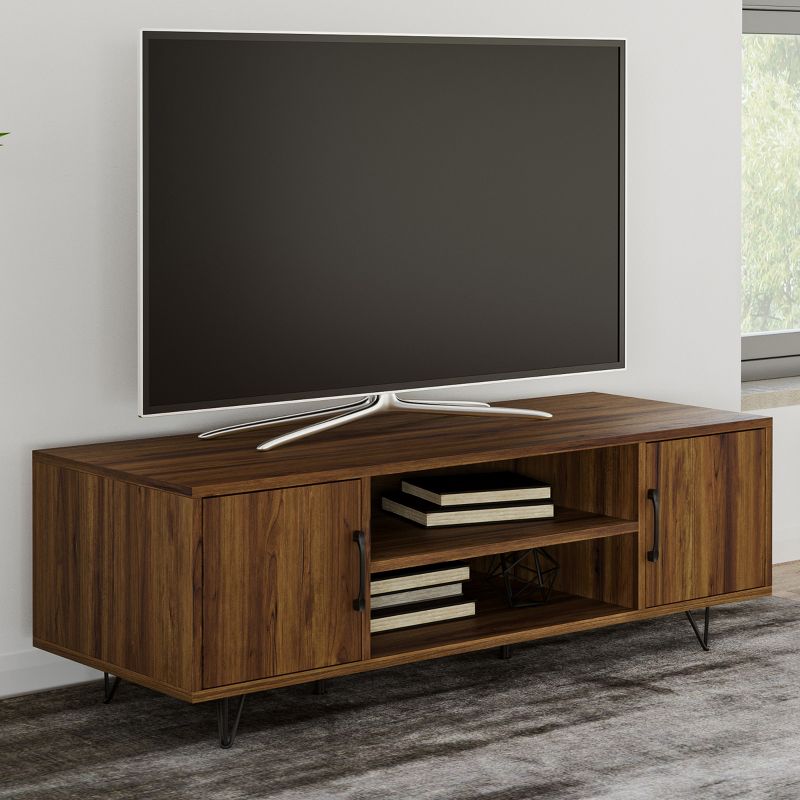 Lavish Home 50-inch TV Stand with 2 Doors, Media Shelves, Cord Management, and Hairpin Legs,  Dark Walnut, 2 of 9