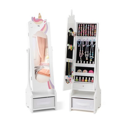 Tangkula Kids Jewelry Cabinet w/ Full-Length Mirror 2 Adjustable Tilt Angles Drawer White