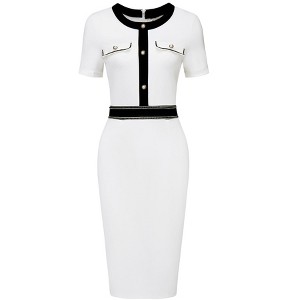 Hobemty Women's Round Neck Short Sleeve Contrast Color Elegant Sheath Pencil Dresses - 1 of 4