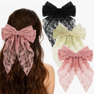 Mber 3 Pack Hair Clip Barrettes Lace Hair Bows, Pink Bow, White Bow, Black Bow Hair Clip, Ribbon Hair Bow for School Wedding Birthday - 1 of 4