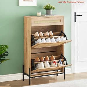 Entryway Rattan Shoe Cabinet w/ 2 Flipup Drawers & 1 Drawer, Freestanding Shoe Organizer, 3-Tier Shoe Storage Cabinet with Adjustable Shelves - 1 of 4