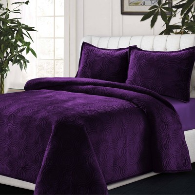 Tribeca Living Queen Capri Medallion Velvet Oversized Quilt Bedding Set Purple — фото 2