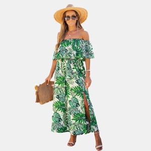 Women's Green & Orange Tropical Floral Off-Shoulder Flounce Bodice Maxi Dress - Cupshe - 1 of 4