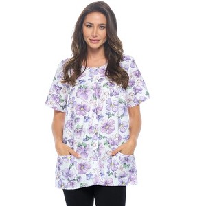 Casual Nights Women's Snap Front Smock Cobbler Woven Scrub Apron Top with Pockets - Blue Plaid - 3X-Large - 1 of 4