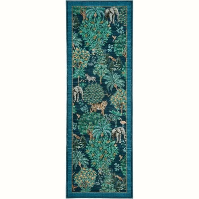 Jungle Print Washable Rug - Non-Slip Low Pile Stain Resistant Carpet for Living Room, Bedroom, Nursery, Playroom