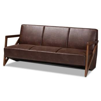 Christa Faux Leather Effect Fabric Upholstered Wood Sofa Dark Brown/Walnut Brown - Baxton Studio