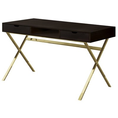 HomeRoots 24" Dark Brown and Gold Computer Desk With Two Drawers