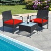 Tangkula 3 PCS Patio Wicker Rattan Furniture Set Coffee Table & 2 Rattan Chair w/ Cushion Red - 3 of 4