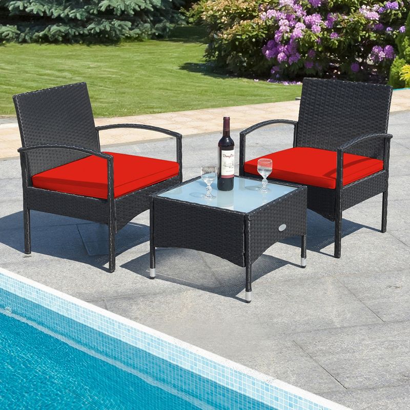 Tangkula 3 PCS Patio Wicker Rattan Furniture Set Coffee Table & 2 Rattan Chair w/ Cushion Red, 3 of 9