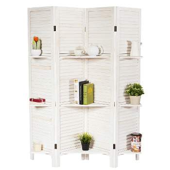 Costway 4 Panel Folding Room Divider Screen W/3 Display Shelves 5.6 Ft Tall WhiteNatural