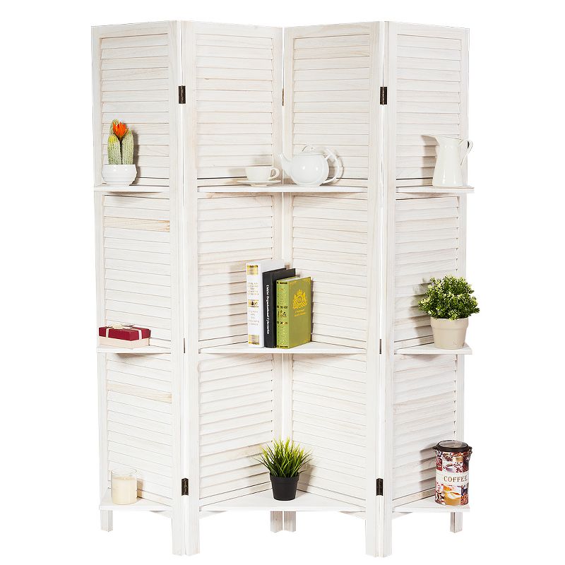 Costway 4 Panel Folding Room Divider Screen W/3 Display Shelves 5.6 Ft Tall WhiteNatural, 1 of 11